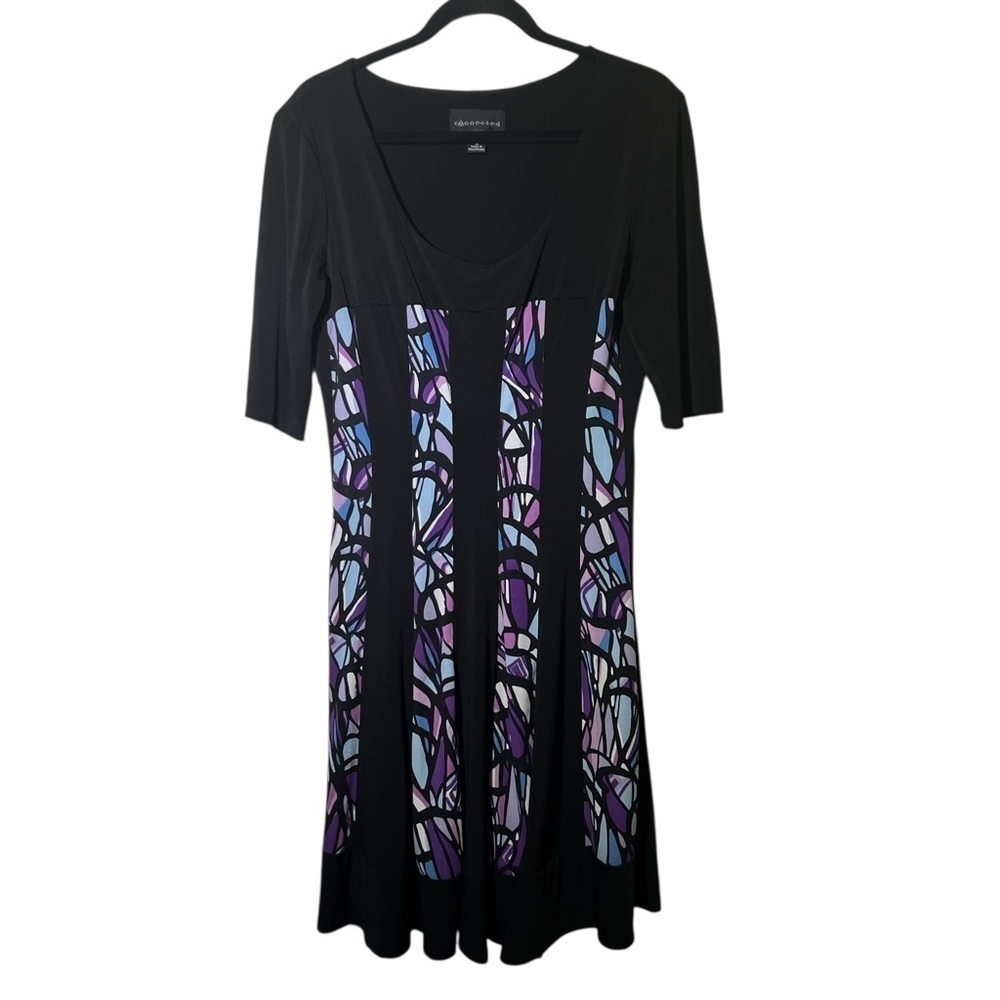 Connected Apparel Black Purple Short Sleeve Shift Dress Size 12